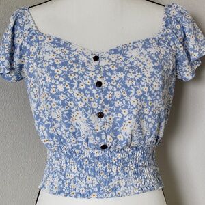 Light Blue Floral Print Smocked Waist Flutter Sleeve Top